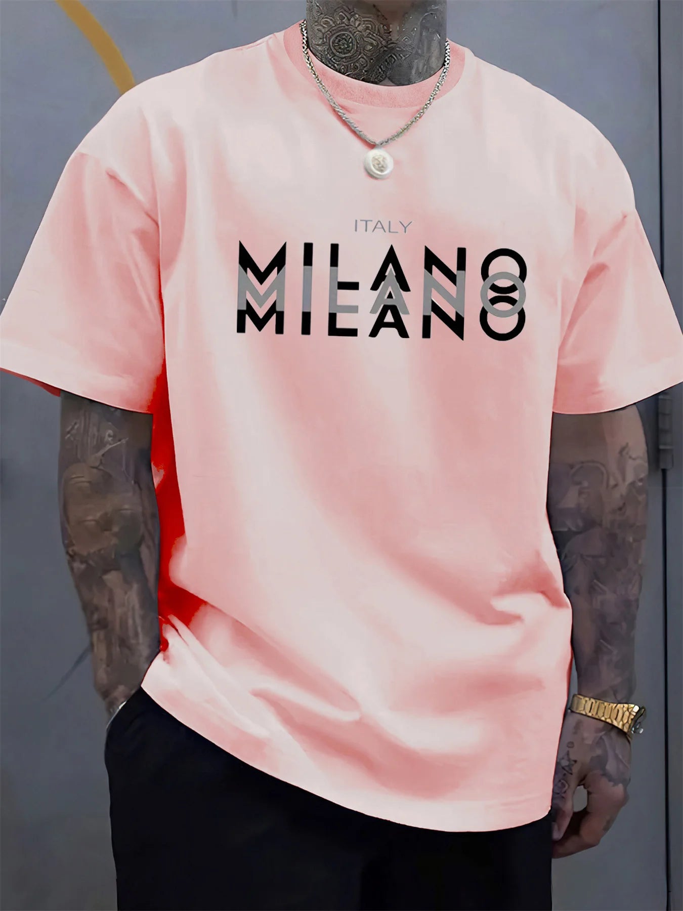 Summer men's 100% pure cotton casual loose fit plus size ITALY MILANO printed comfortable round neck short sleeved T-shirt top