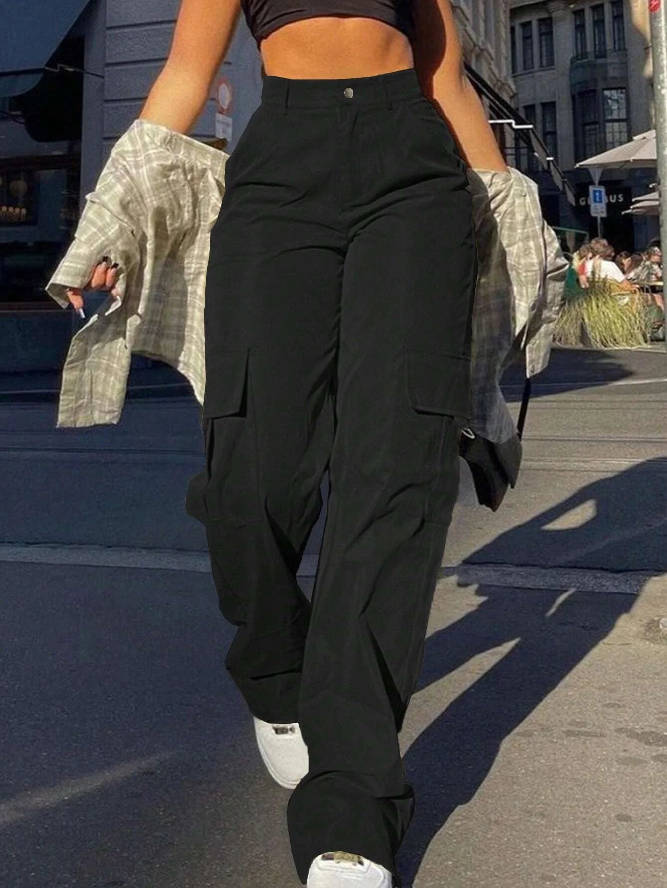 Women's Plain High Waist Cargo Pants, Street Fashion Casual Pocket Button Trousers for Daily Wear, Ladies Bottoms for All Season