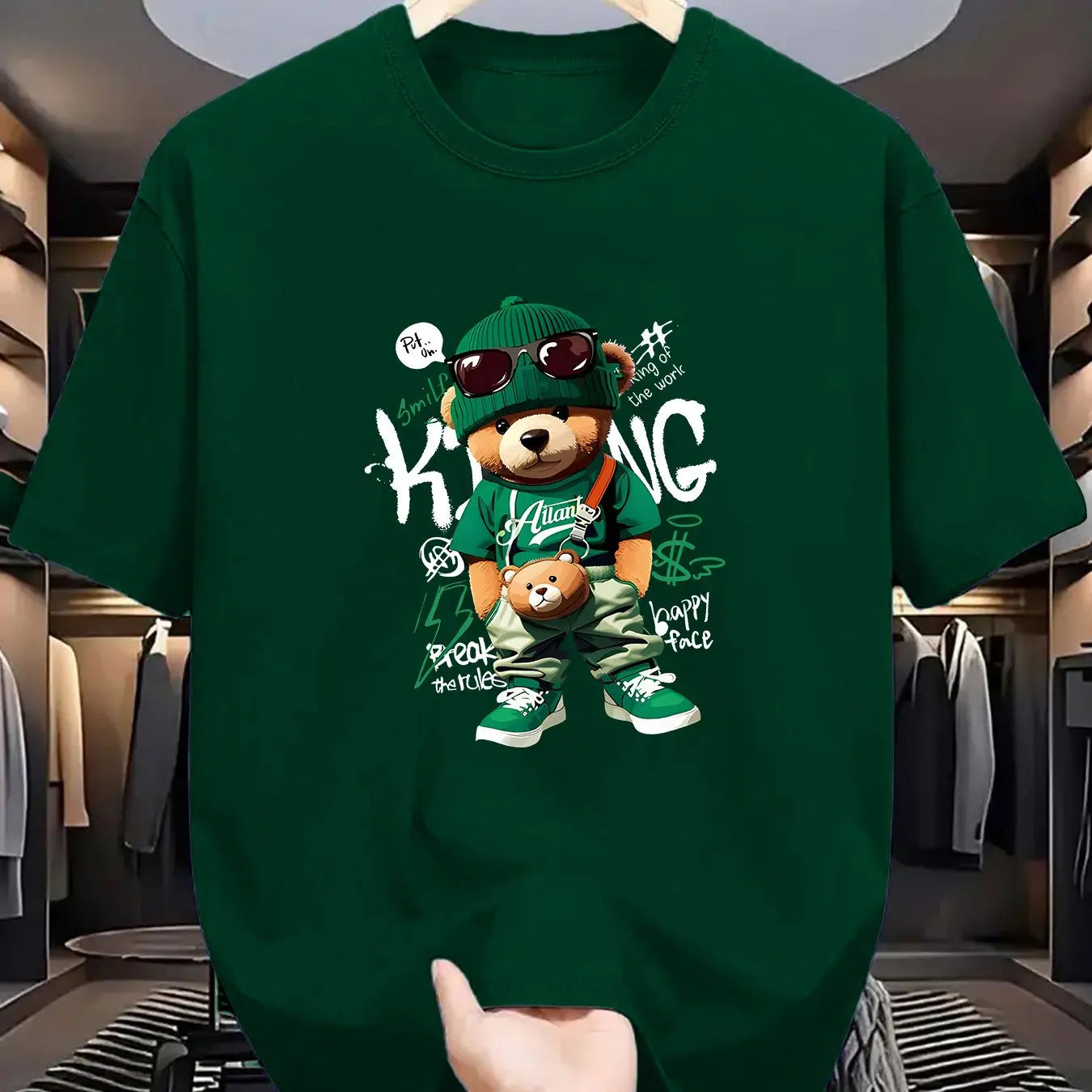 Men's Summer 100 Cotton Fashionable Casual Loose Large Geometric Bear Pattern Printed Sports Round Neck Short Sleeve T-shirt Top