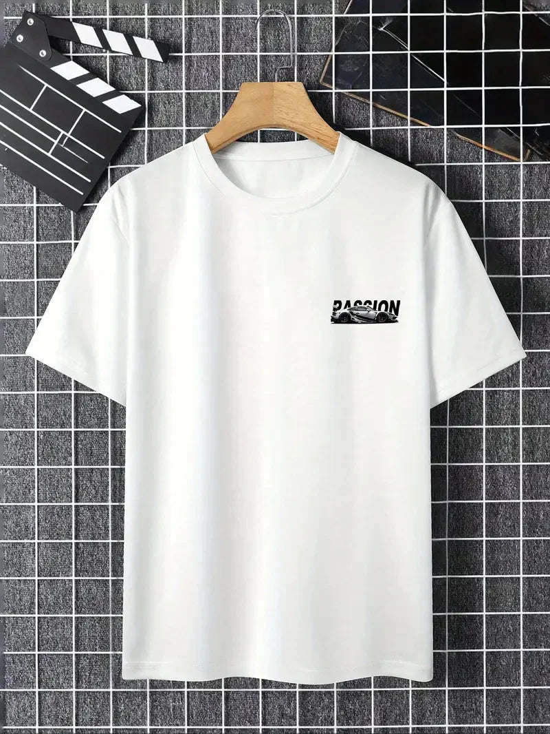 Men's summer 100% pure cotton fashionable casual sports loose racing graphic print round neck short sleeved T-shirt top