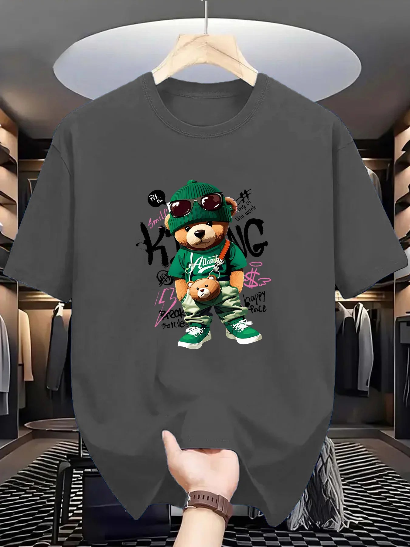 Men's Summer 100 Cotton Fashionable Casual Loose Large Geometric Bear Pattern Printed Sports Round Neck Short Sleeve T-shirt Top