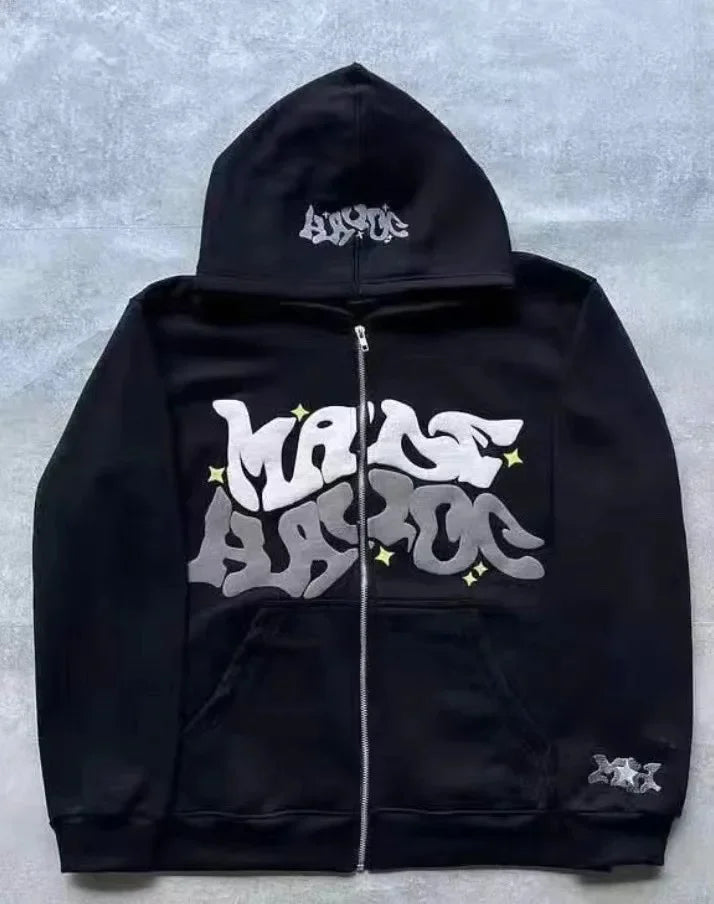 Zipper hooded sweatshirt with retro American letters and stars suitable for men and women Y2K jacket autumn d winter cardigan