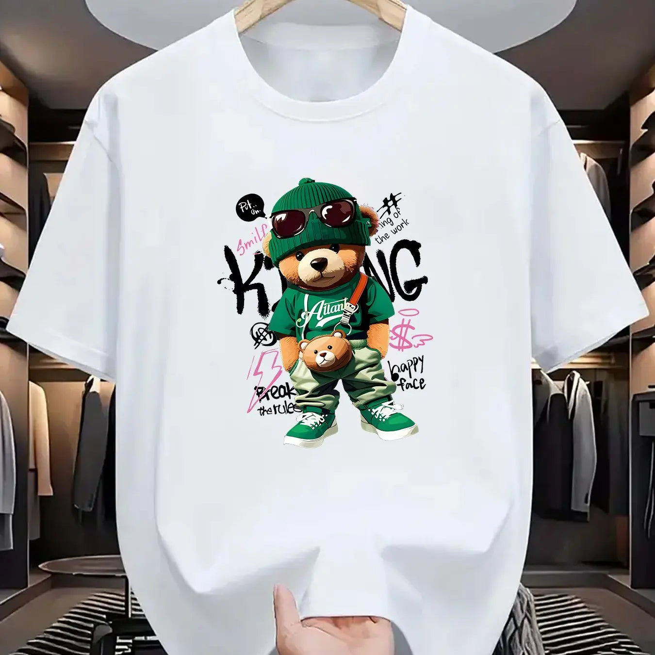 Men's Summer 100 Cotton Fashionable Casual Loose Large Geometric Bear Pattern Printed Sports Round Neck Short Sleeve T-shirt Top