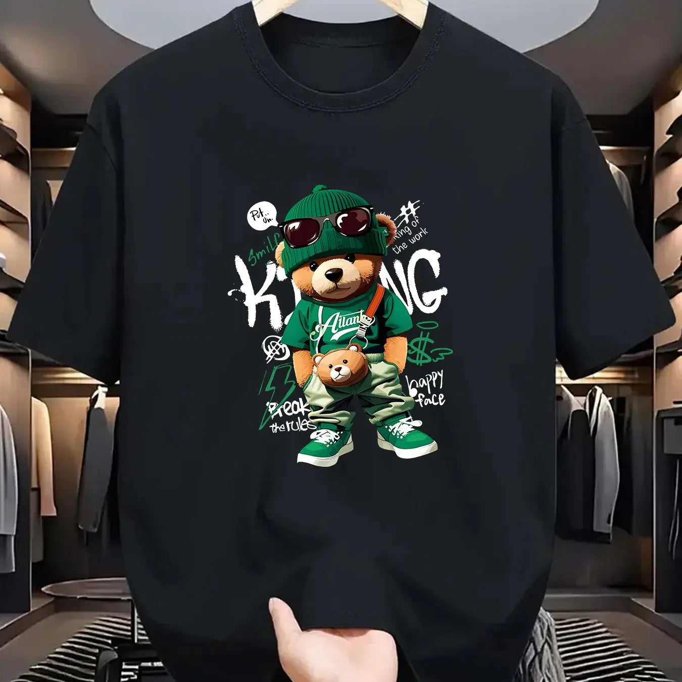 Men's Summer 100 Cotton Fashionable Casual Loose Large Geometric Bear Pattern Printed Sports Round Neck Short Sleeve T-shirt Top