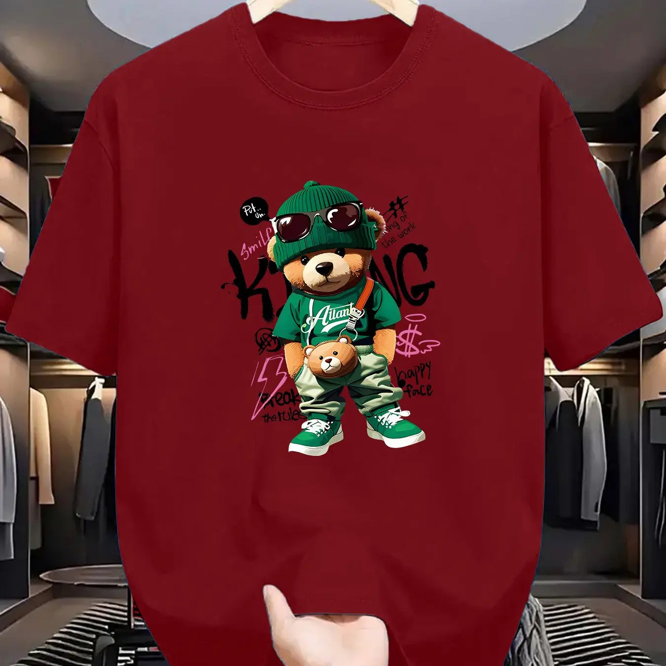 Men's Summer 100 Cotton Fashionable Casual Loose Large Geometric Bear Pattern Printed Sports Round Neck Short Sleeve T-shirt Top