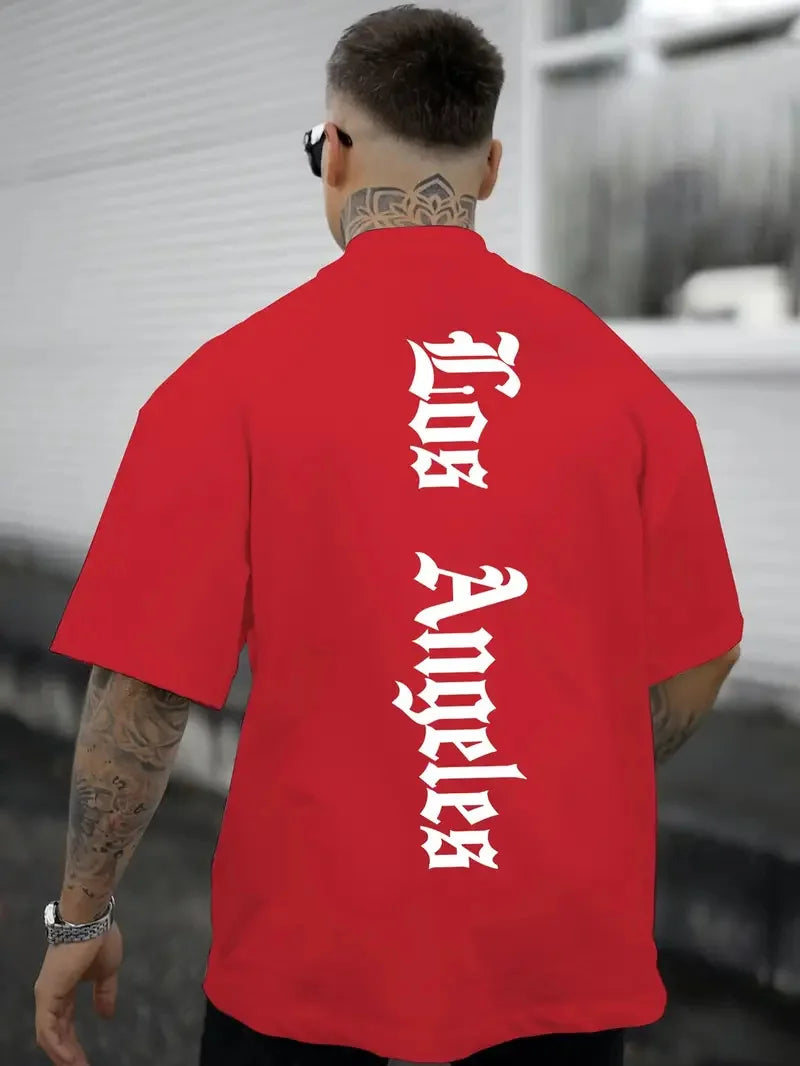 Men's summer 100% pure cotton fashionable casual sports loose Los Angeles graphic print round neck short sleeved T-shirt top