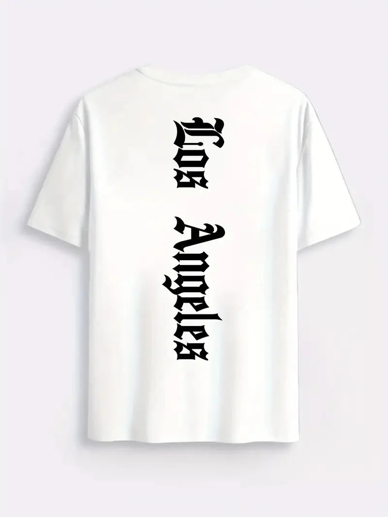 Men's summer 100% pure cotton fashionable casual sports loose Los Angeles graphic print round neck short sleeved T-shirt top