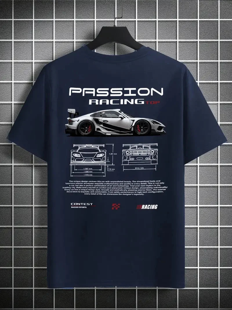 Men's summer 100% pure cotton fashionable casual sports loose racing graphic print round neck short sleeved T-shirt top