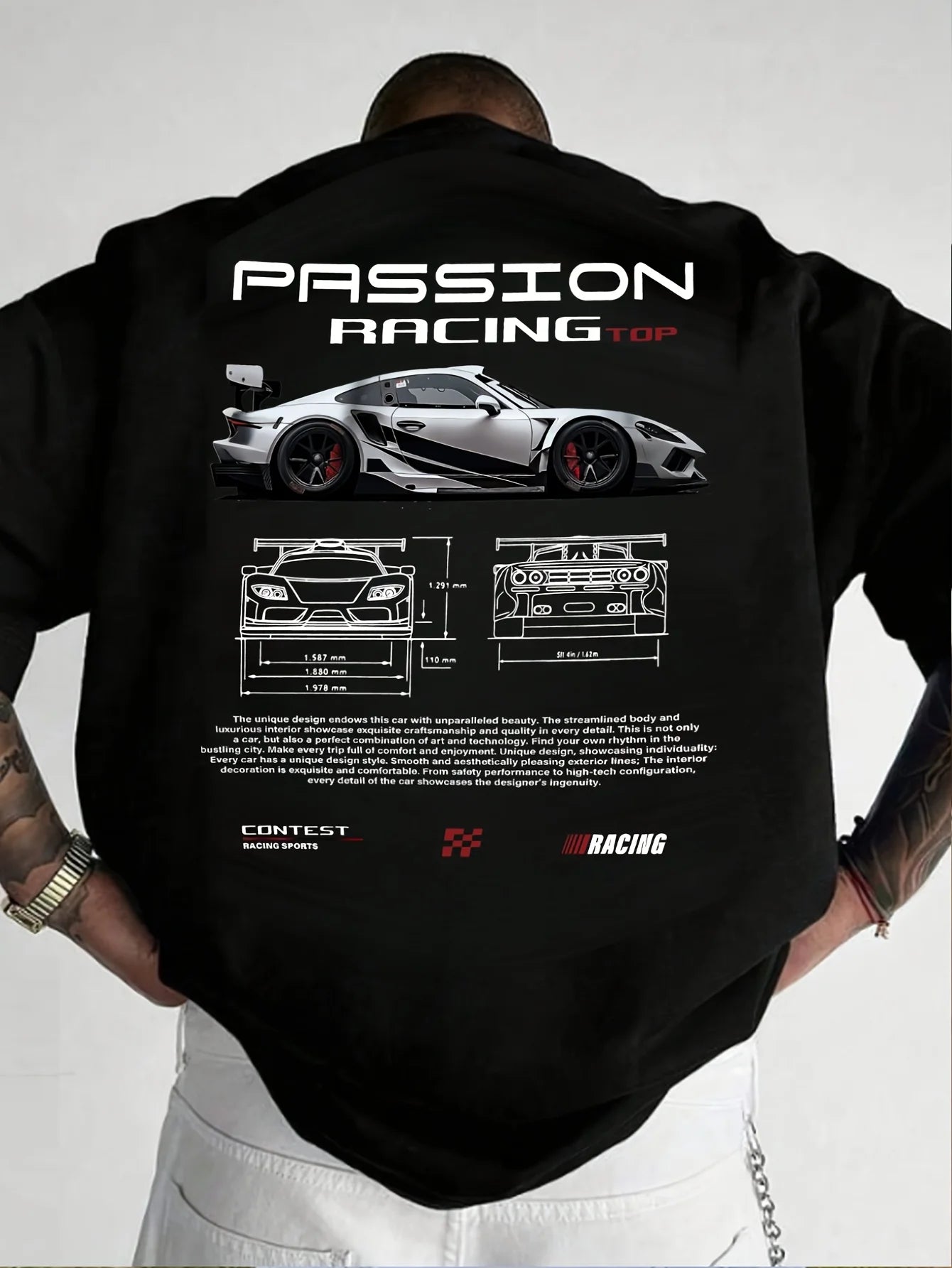 Men's summer 100% pure cotton fashionable casual sports loose racing graphic print round neck short sleeved T-shirt top