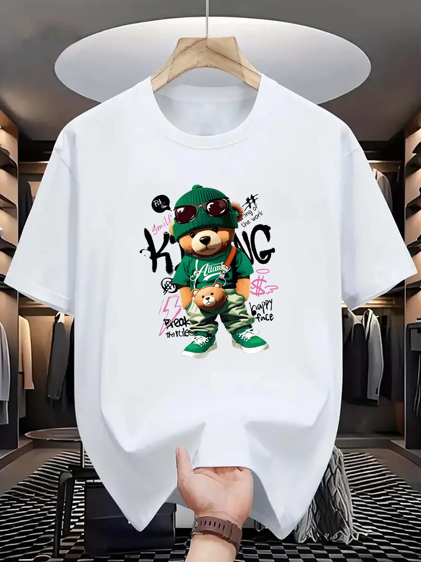 Men's Summer 100 Cotton Fashionable Casual Loose Large Geometric Bear Pattern Printed Sports Round Neck Short Sleeve T-shirt Top