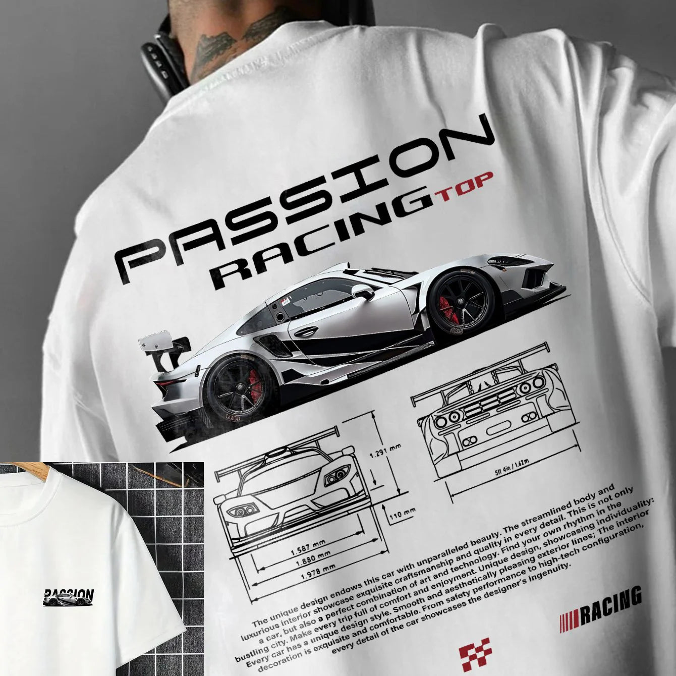 Men's summer 100% pure cotton fashionable casual sports loose racing graphic print round neck short sleeved T-shirt top