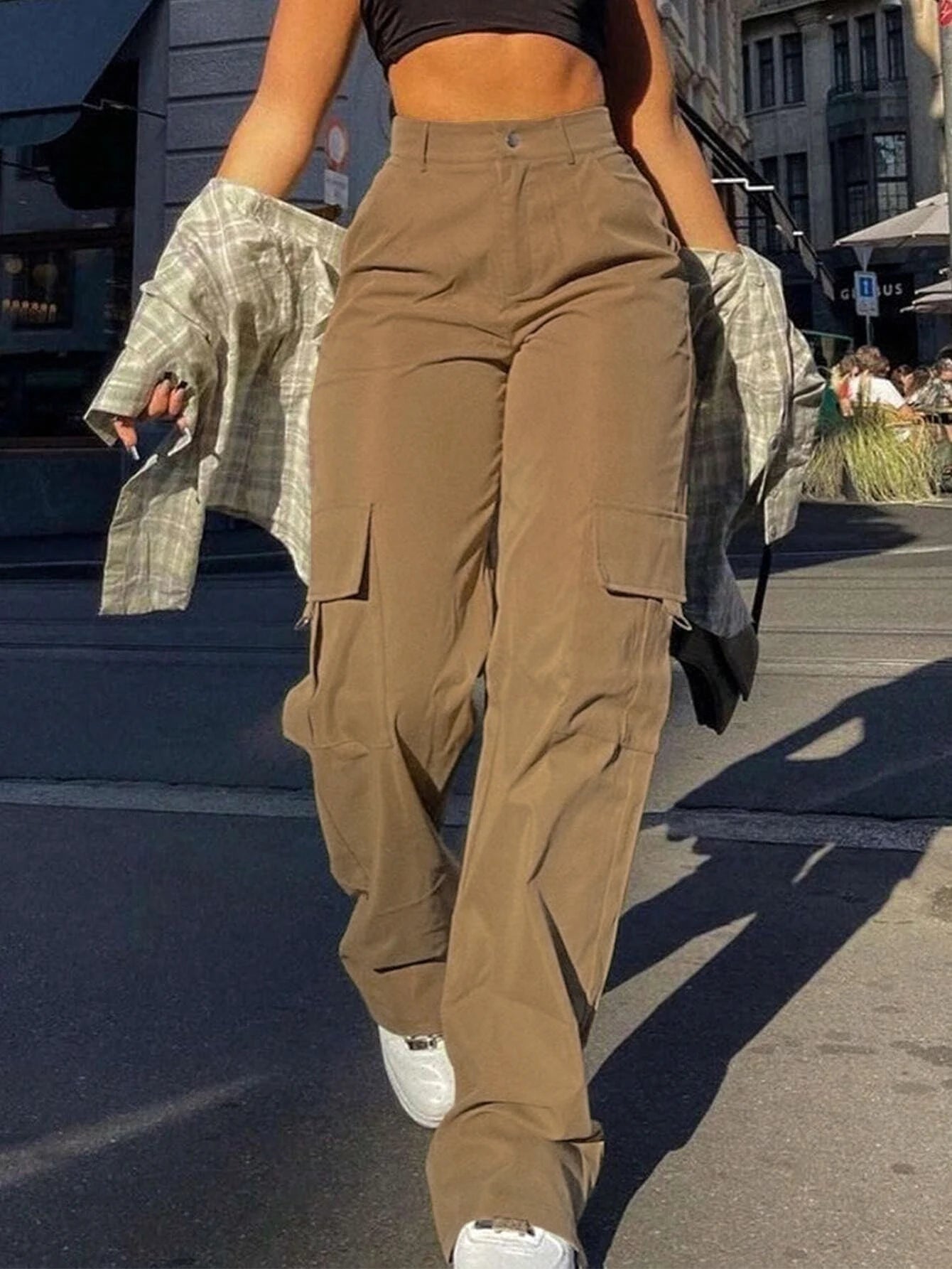 Women's Plain High Waist Cargo Pants, Street Fashion Casual Pocket Button Trousers for Daily Wear, Ladies Bottoms for All Season