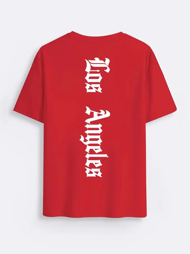 Men's summer 100% pure cotton fashionable casual sports loose Los Angeles graphic print round neck short sleeved T-shirt top