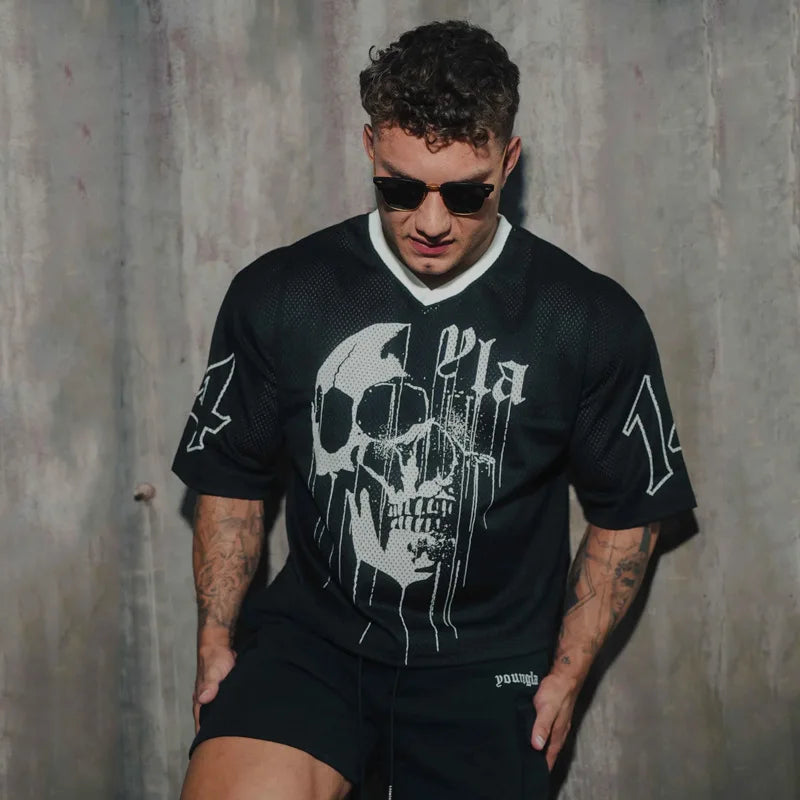 Summer new YA Trendy Brand Super Large T-shirt Men Sports Fitness Quick drying Breathable Large Mesh Printed Short Sleeve Top