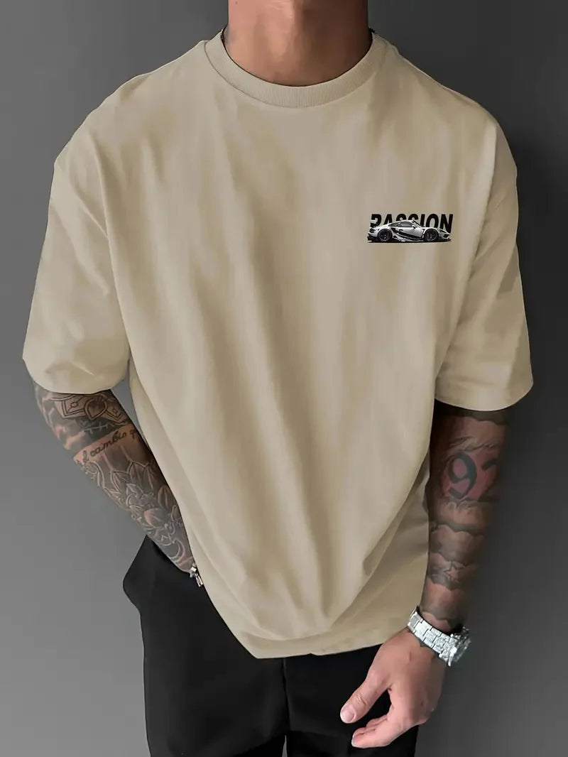 Men's summer 100% pure cotton fashionable casual sports loose racing graphic print round neck short sleeved T-shirt top