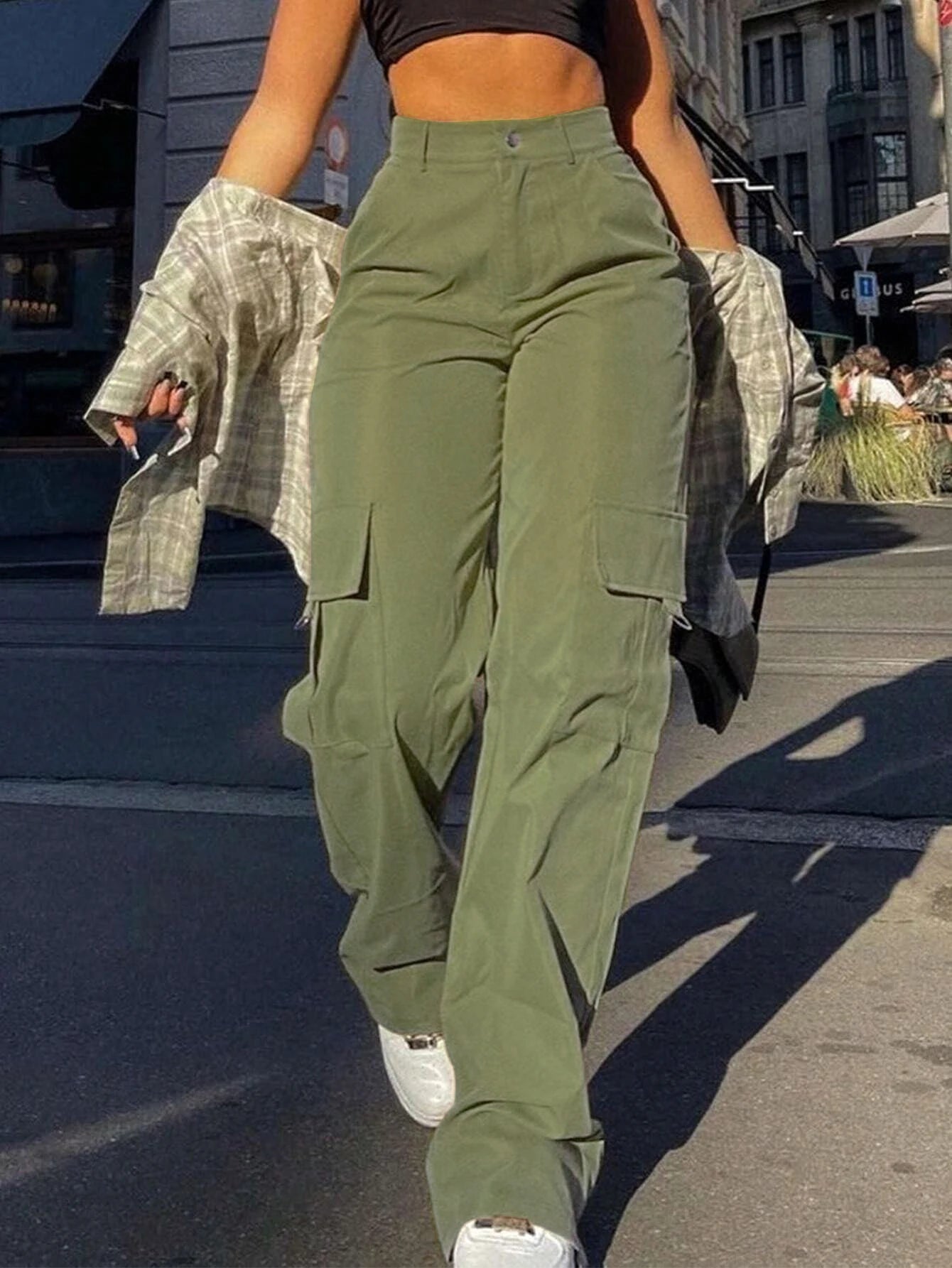 Women's Plain High Waist Cargo Pants, Street Fashion Casual Pocket Button Trousers for Daily Wear, Ladies Bottoms for All Season