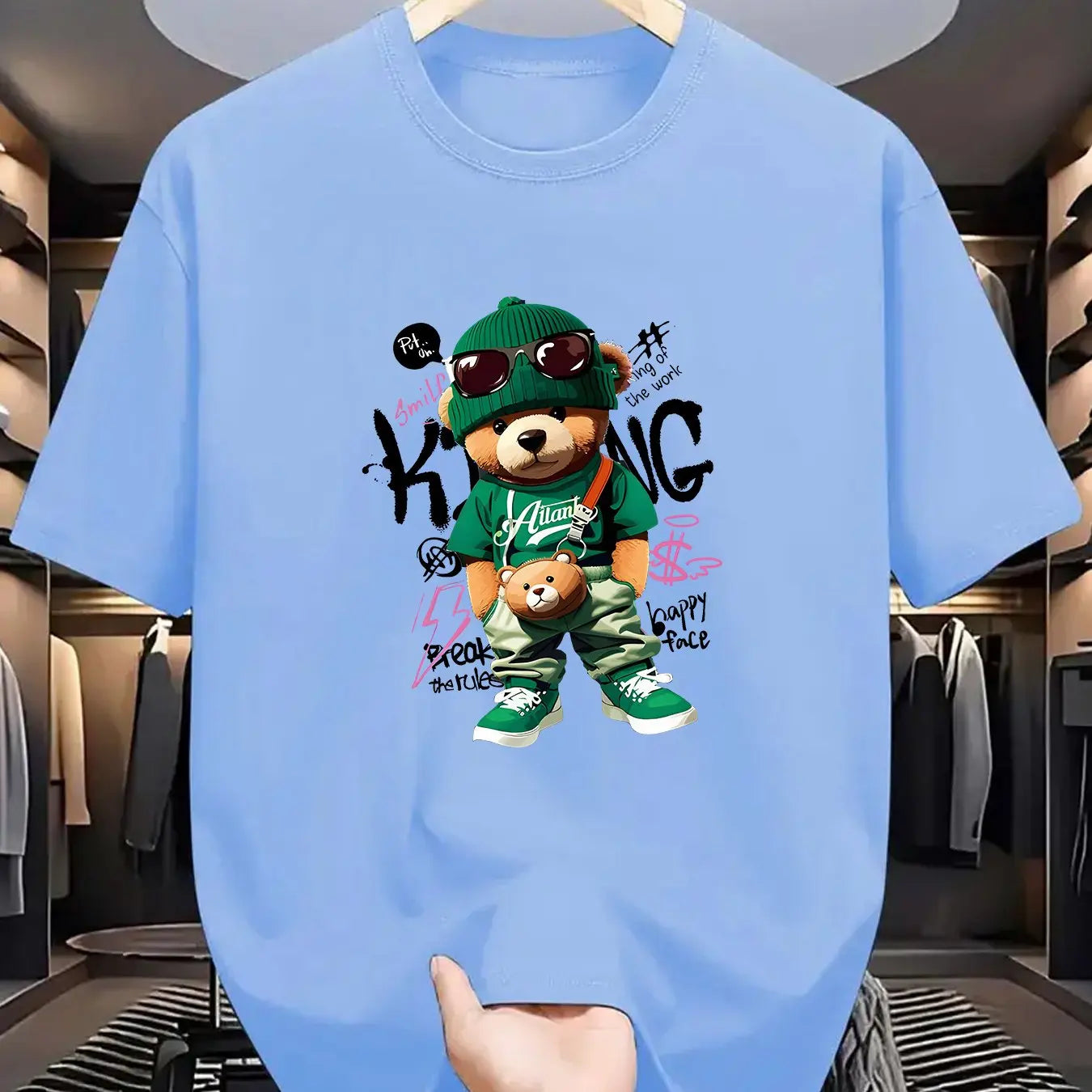 Men's Summer 100 Cotton Fashionable Casual Loose Large Geometric Bear Pattern Printed Sports Round Neck Short Sleeve T-shirt Top