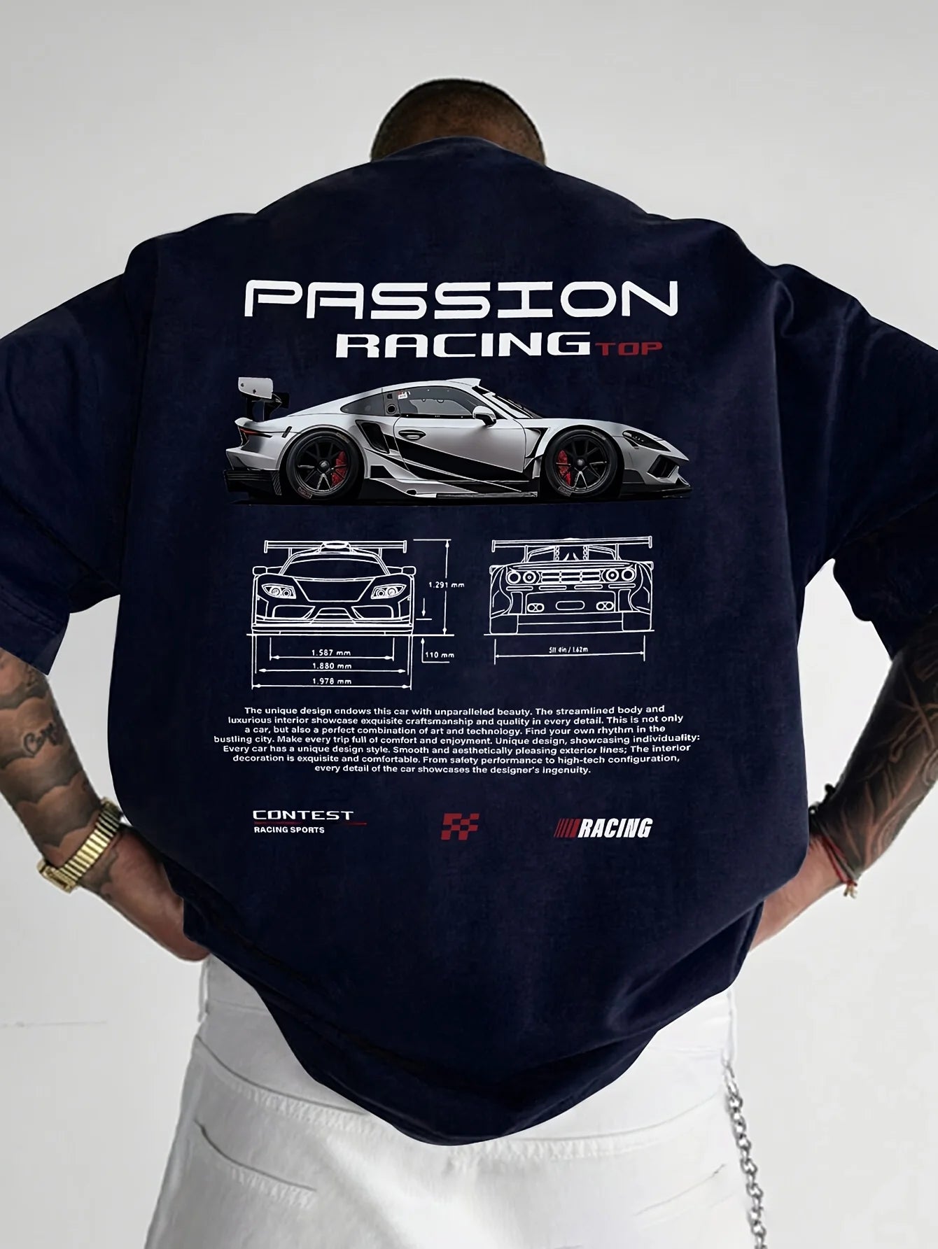 Men's summer 100% pure cotton fashionable casual sports loose racing graphic print round neck short sleeved T-shirt top