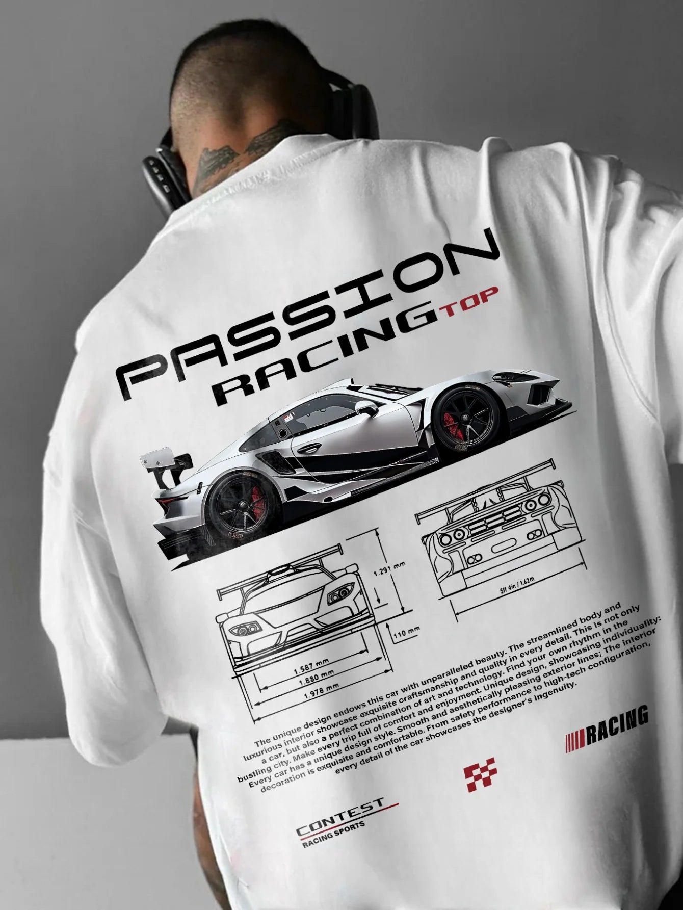 Men's summer 100% pure cotton fashionable casual sports loose racing graphic print round neck short sleeved T-shirt top