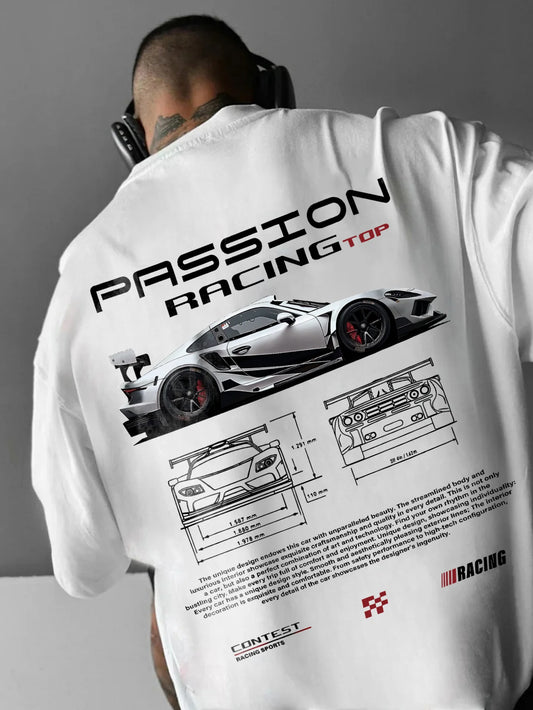 Men's summer 100% pure cotton fashionable casual sports loose racing graphic print round neck short sleeved T-shirt top