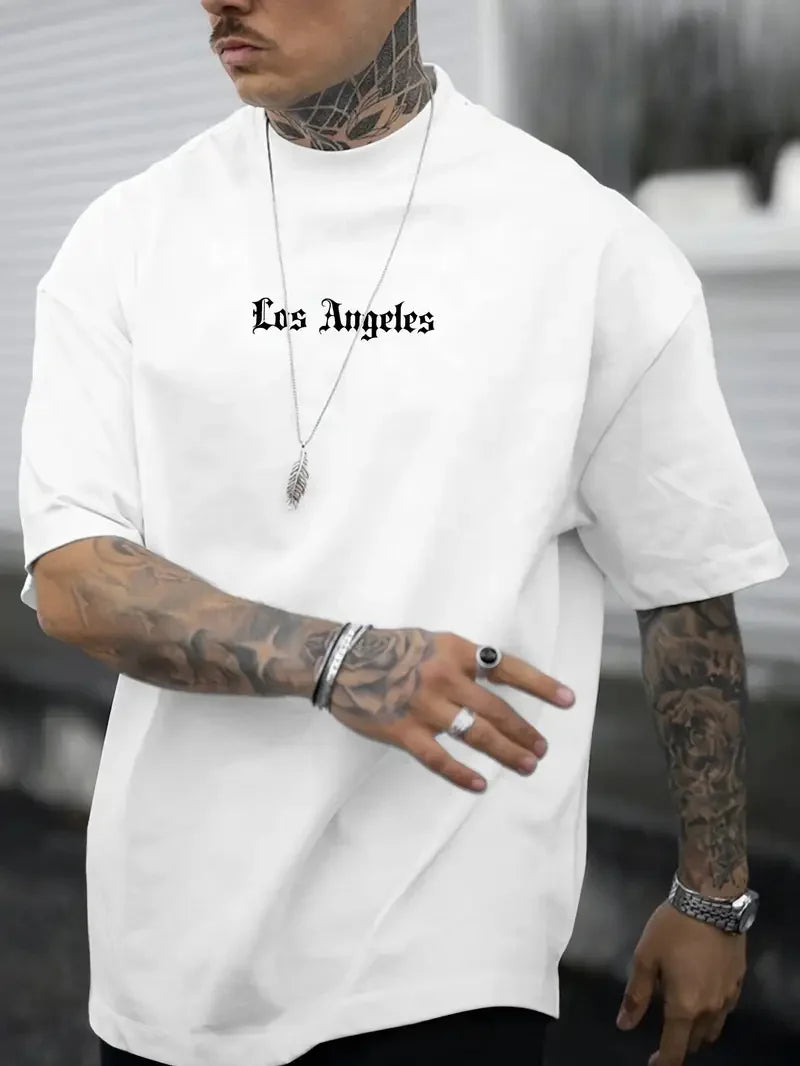 Men's summer 100% pure cotton fashionable casual sports loose Los Angeles graphic print round neck short sleeved T-shirt top