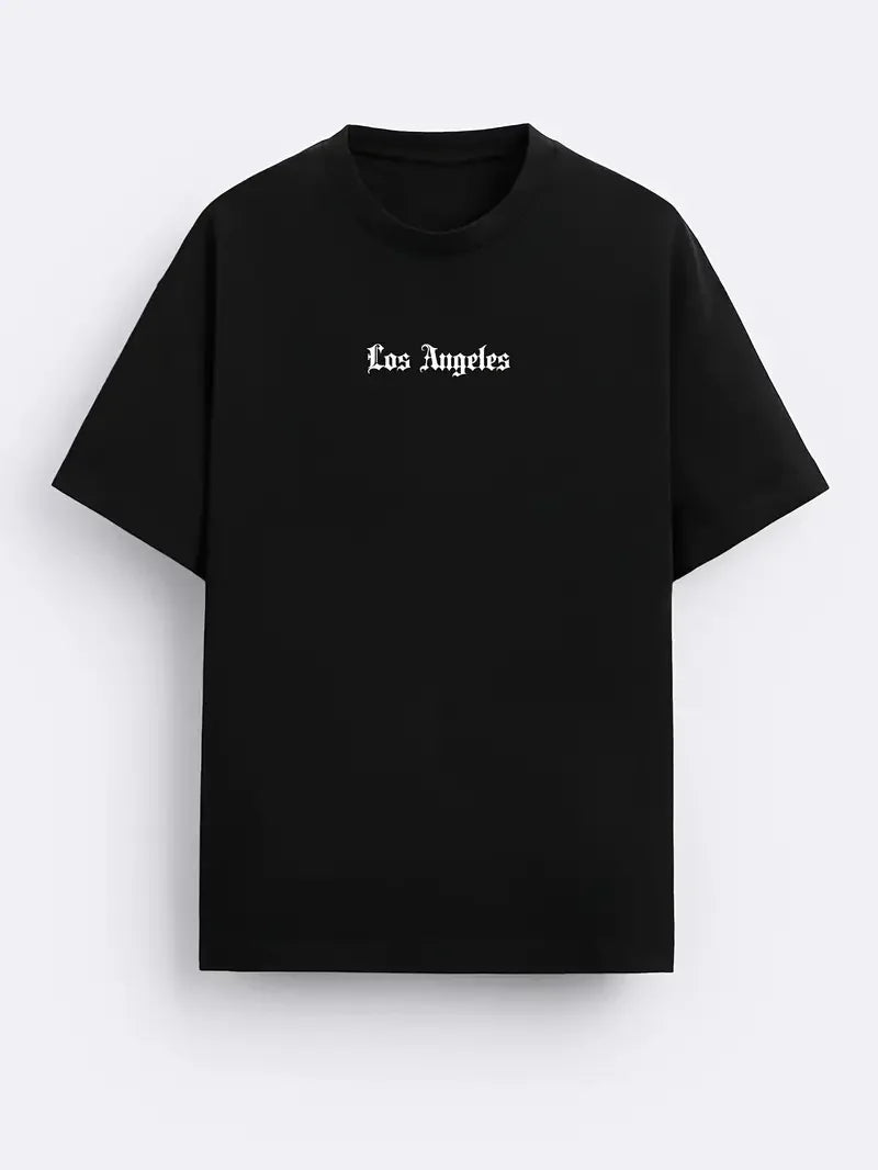 Men's summer 100% pure cotton fashionable casual sports loose Los Angeles graphic print round neck short sleeved T-shirt top