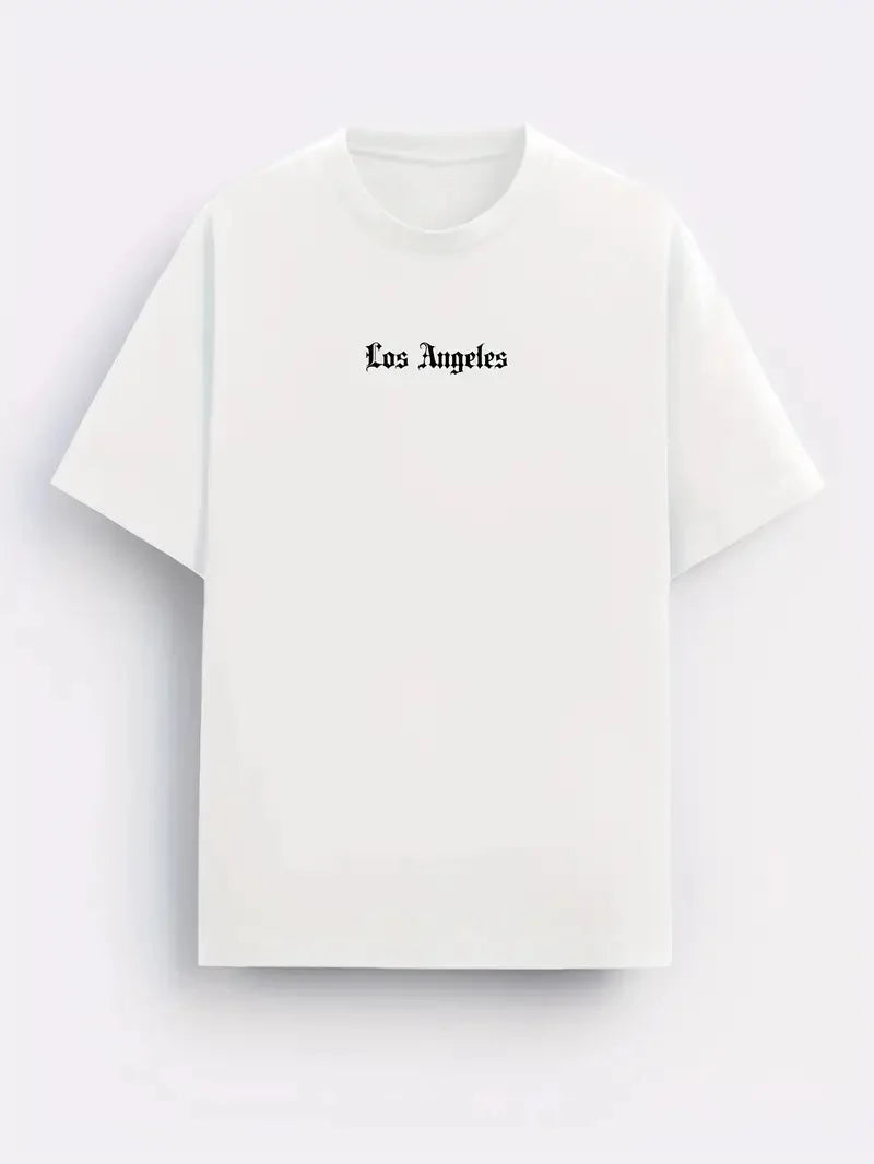 Men's summer 100% pure cotton fashionable casual sports loose Los Angeles graphic print round neck short sleeved T-shirt top