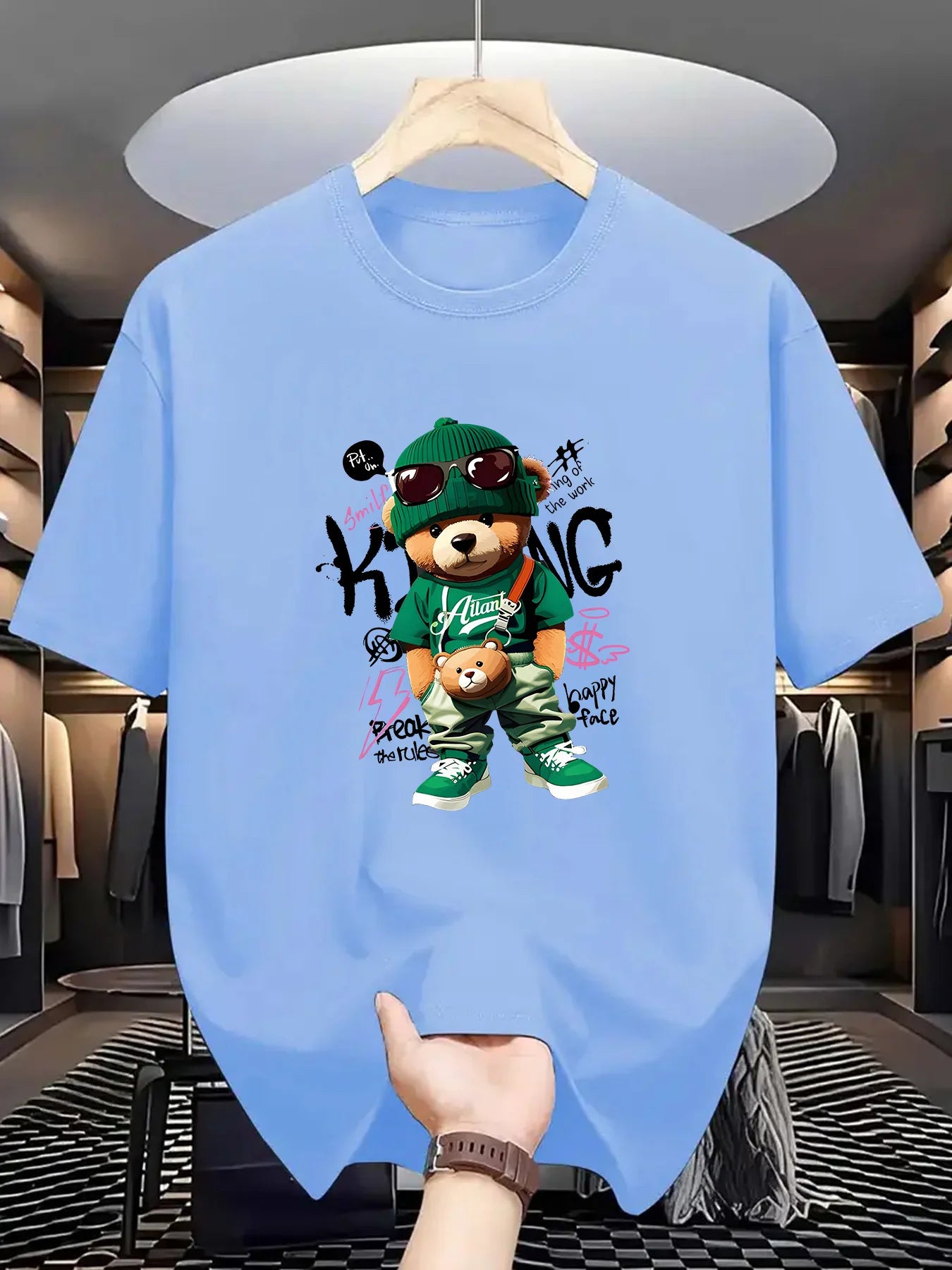 Men's Summer 100 Cotton Fashionable Casual Loose Large Geometric Bear Pattern Printed Sports Round Neck Short Sleeve T-shirt Top