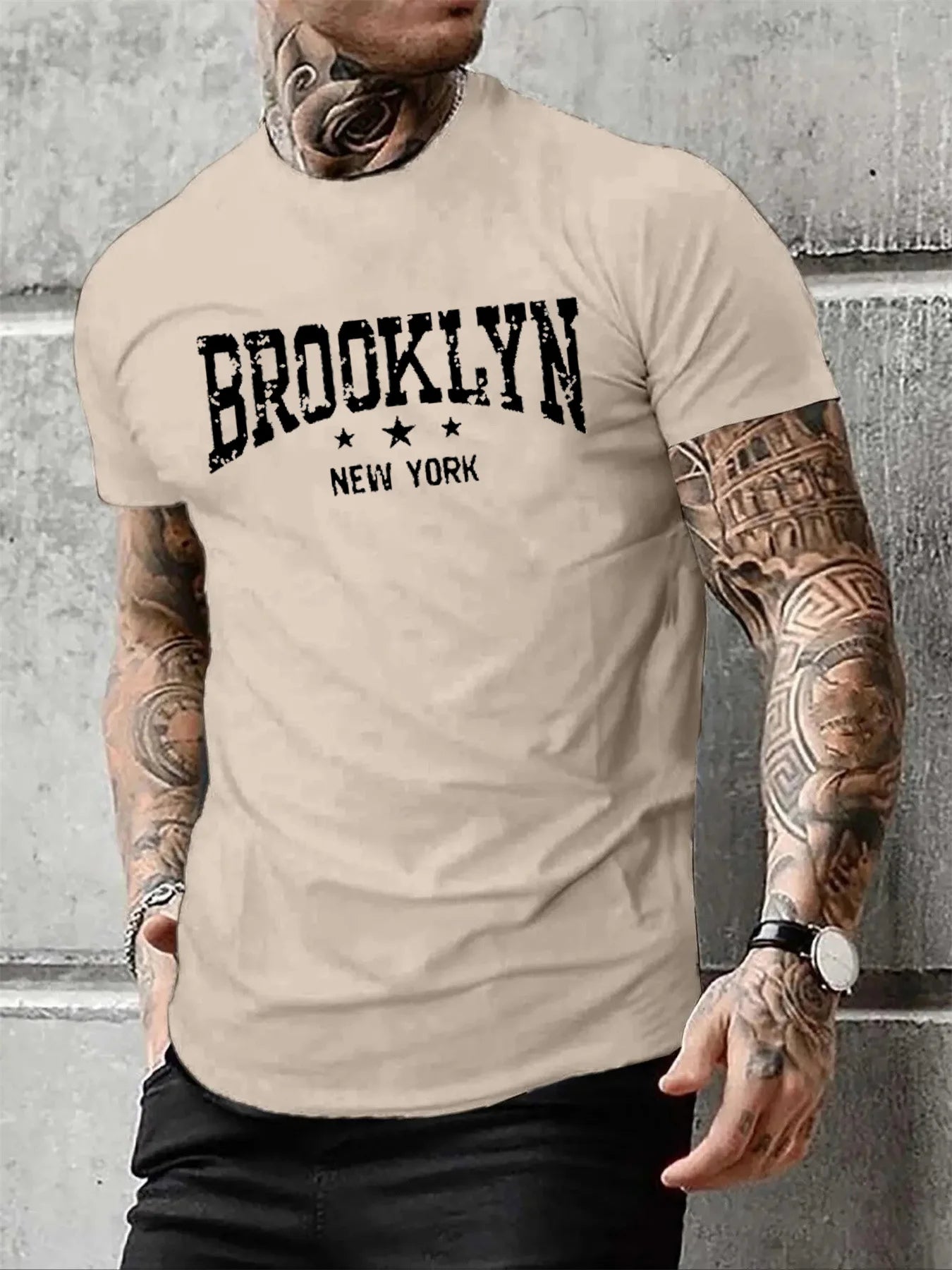 Men's 100% pure cotton summer casual loose Brooklyn New York letter printed comfortable round neck short sleeved T-shirt top