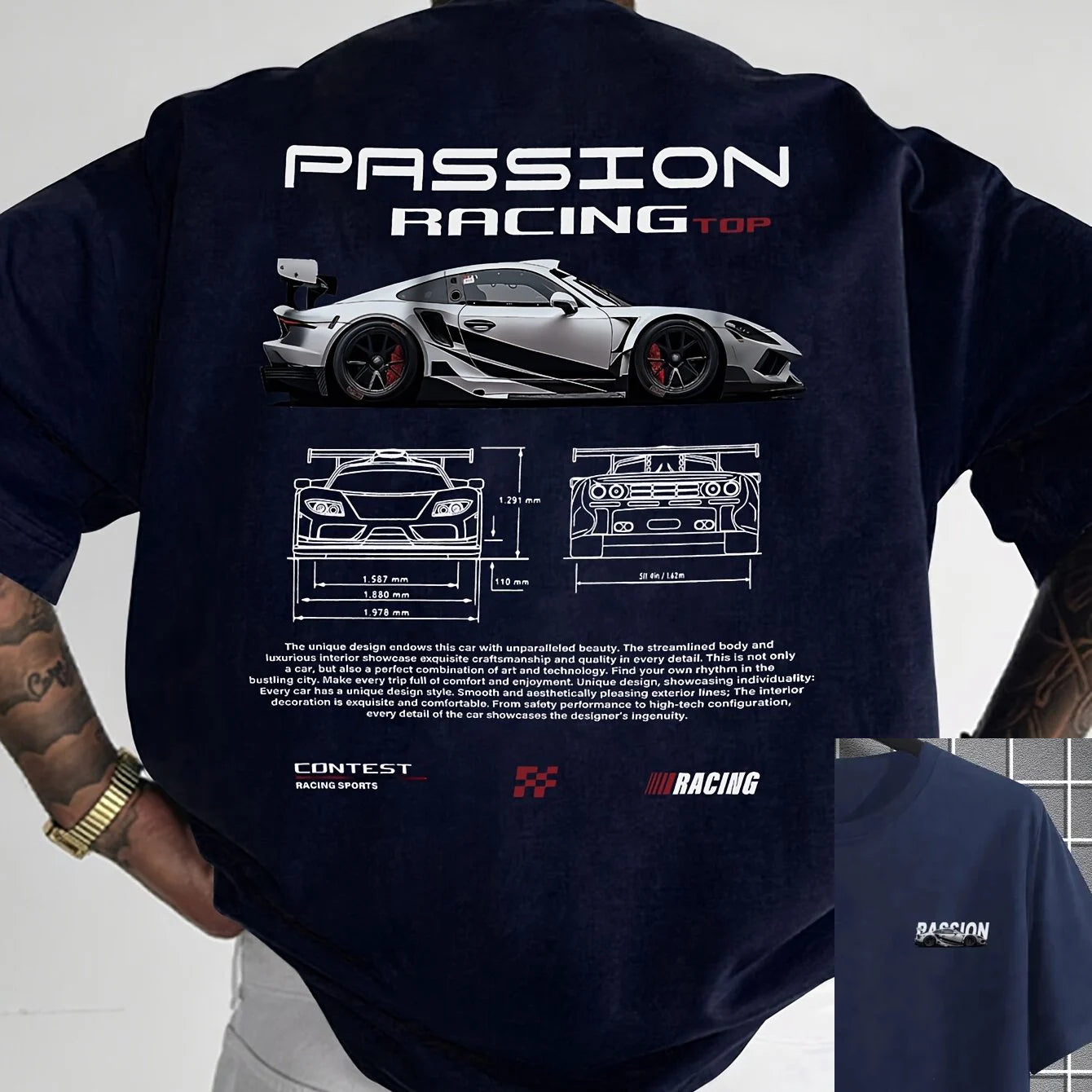 Men's summer 100% pure cotton fashionable casual sports loose racing graphic print round neck short sleeved T-shirt top