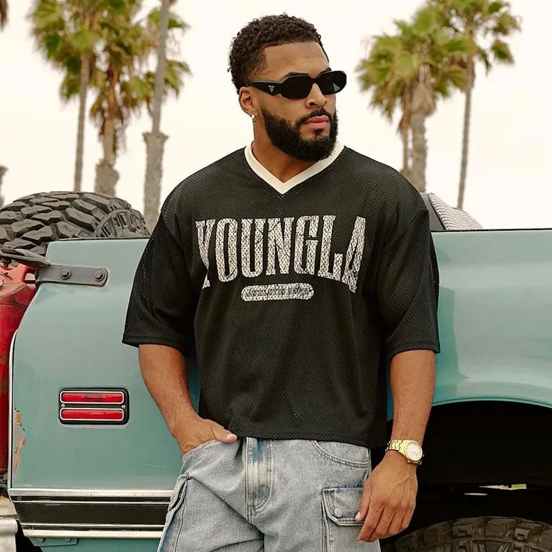 Summer new YA Trendy Brand Super Large T-shirt Men Sports Fitness Quick drying Breathable Large Mesh Printed Short Sleeve Top