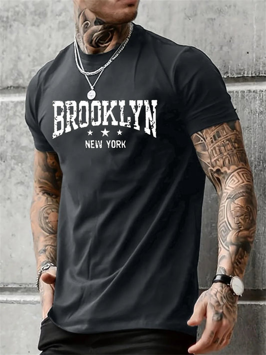 Men's 100% pure cotton summer casual loose Brooklyn New York letter printed comfortable round neck short sleeved T-shirt top