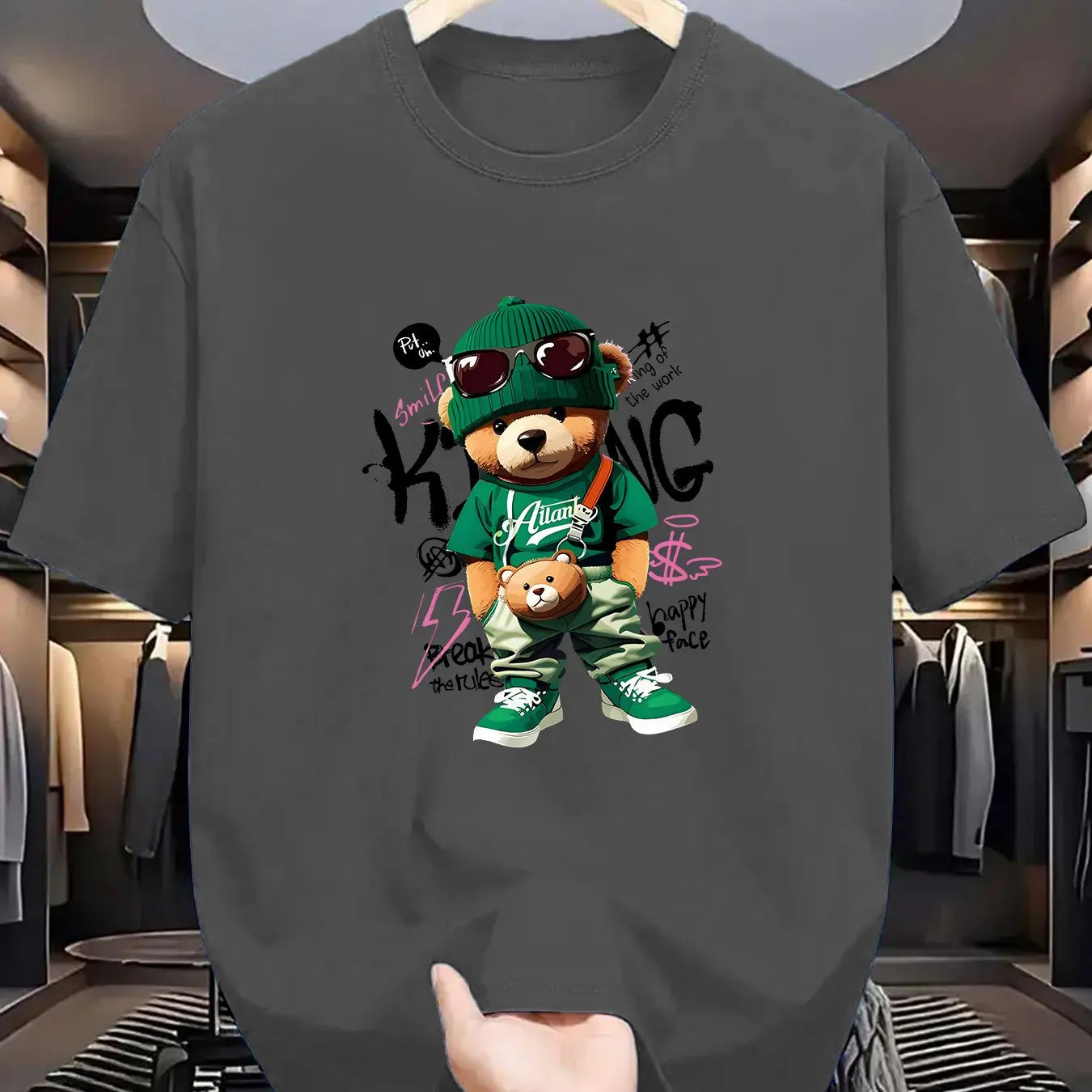 Men's Summer 100 Cotton Fashionable Casual Loose Large Geometric Bear Pattern Printed Sports Round Neck Short Sleeve T-shirt Top