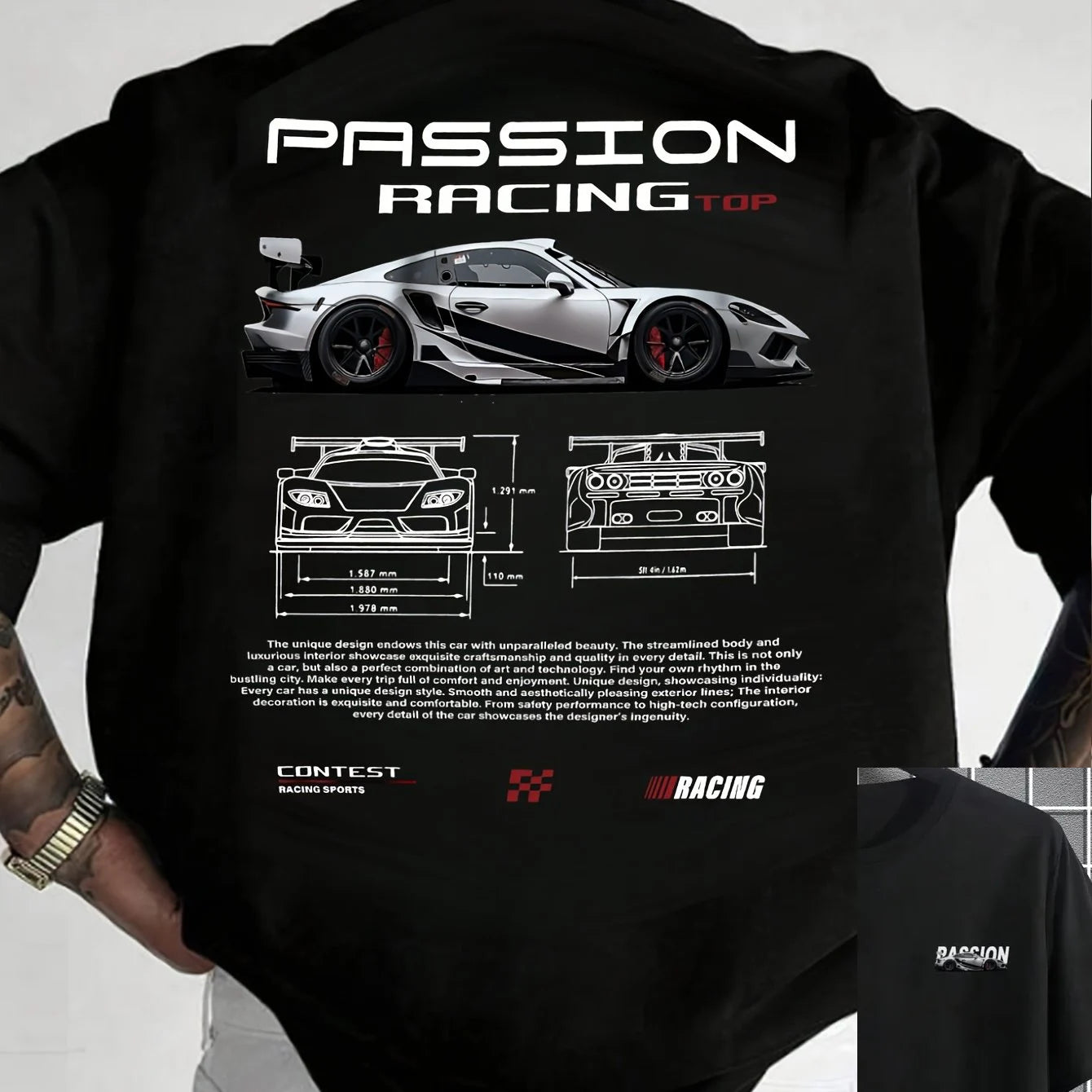 Men's summer 100% pure cotton fashionable casual sports loose racing graphic print round neck short sleeved T-shirt top