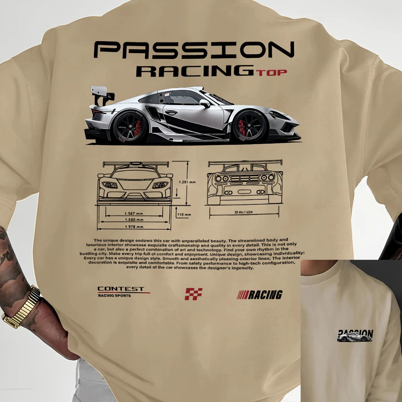 Men's summer 100% pure cotton fashionable casual sports loose racing graphic print round neck short sleeved T-shirt top