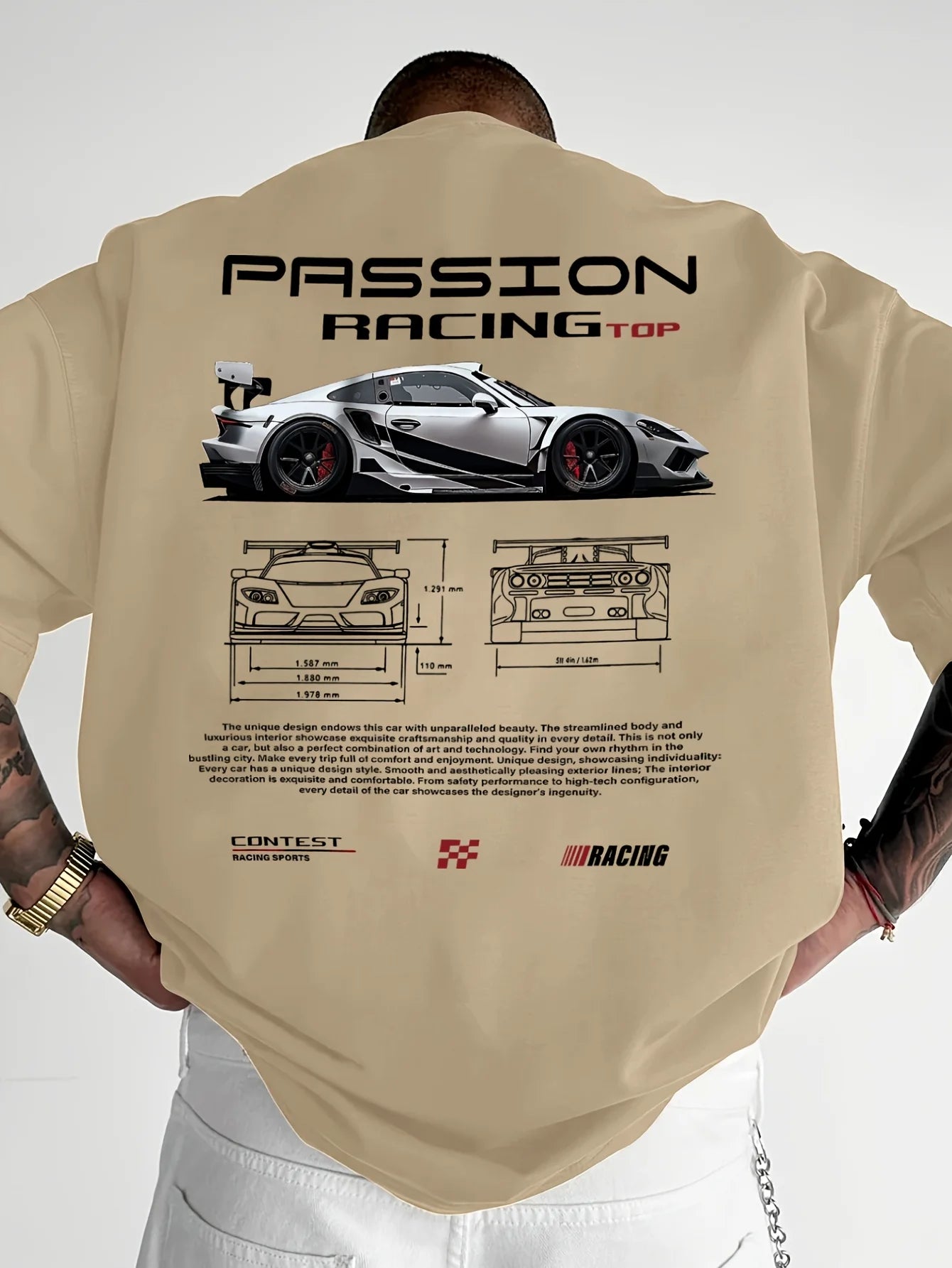 Men's summer 100% pure cotton fashionable casual sports loose racing graphic print round neck short sleeved T-shirt top