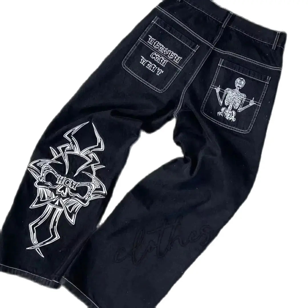 Y2K Jeans Mens Hip Hop Retro Skull Embroidery Washed Baggy Denim Pants New Straight Casual Loose Wide Leg Trouser Streetwear