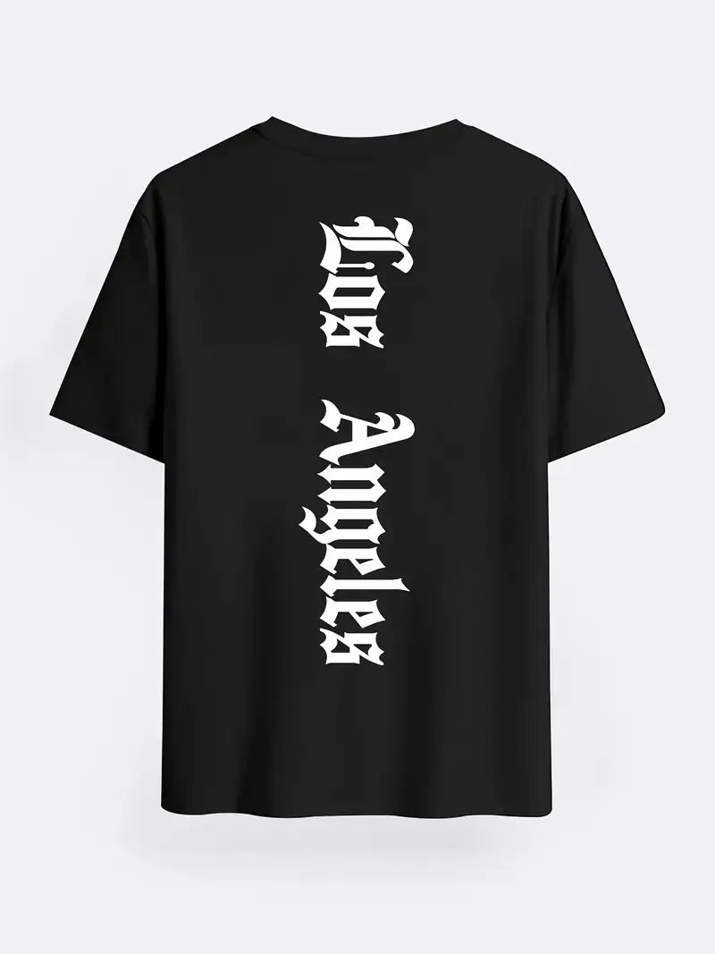 Men's summer 100% pure cotton fashionable casual sports loose Los Angeles graphic print round neck short sleeved T-shirt top