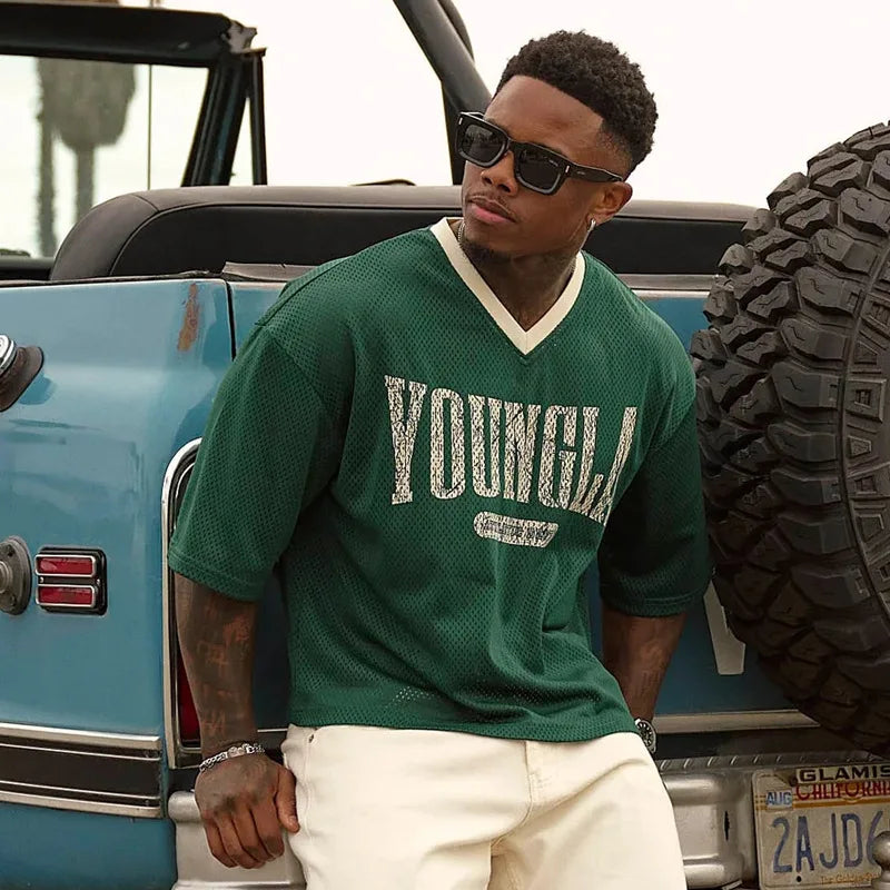 Summer new YA Trendy Brand Super Large T-shirt Men Sports Fitness Quick drying Breathable Large Mesh Printed Short Sleeve Top