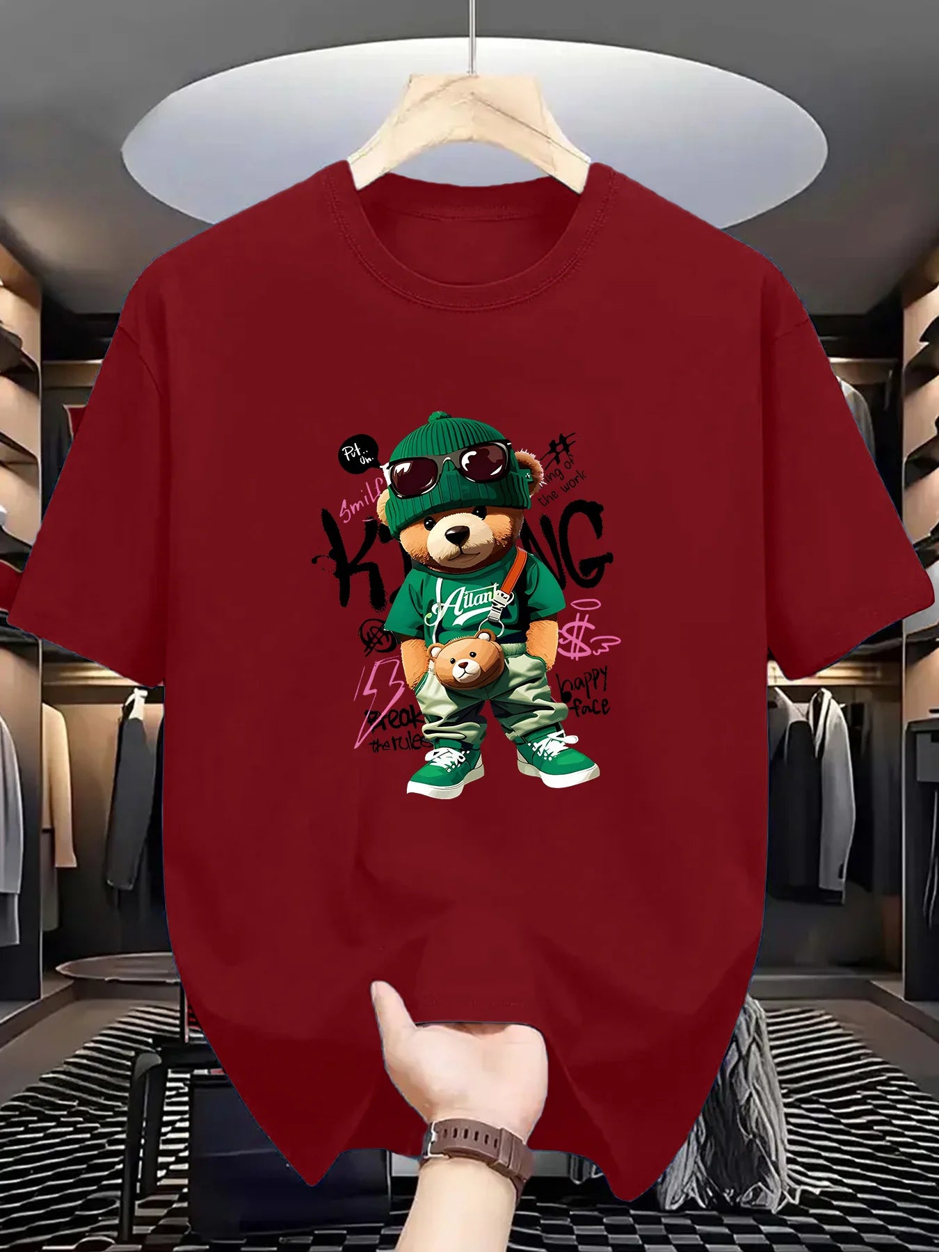 Men's Summer 100 Cotton Fashionable Casual Loose Large Geometric Bear Pattern Printed Sports Round Neck Short Sleeve T-shirt Top